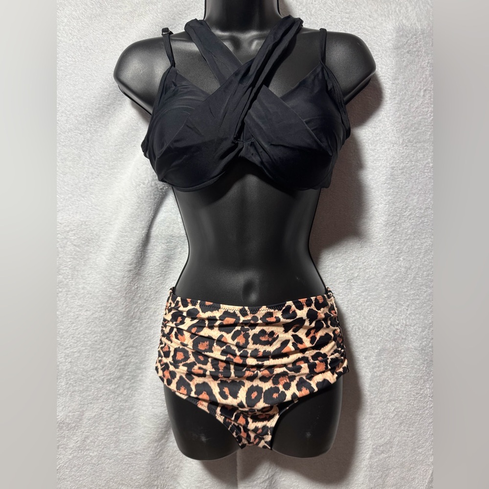 Black Bikini Top with Leopard Ruched High-Waist Bottom
